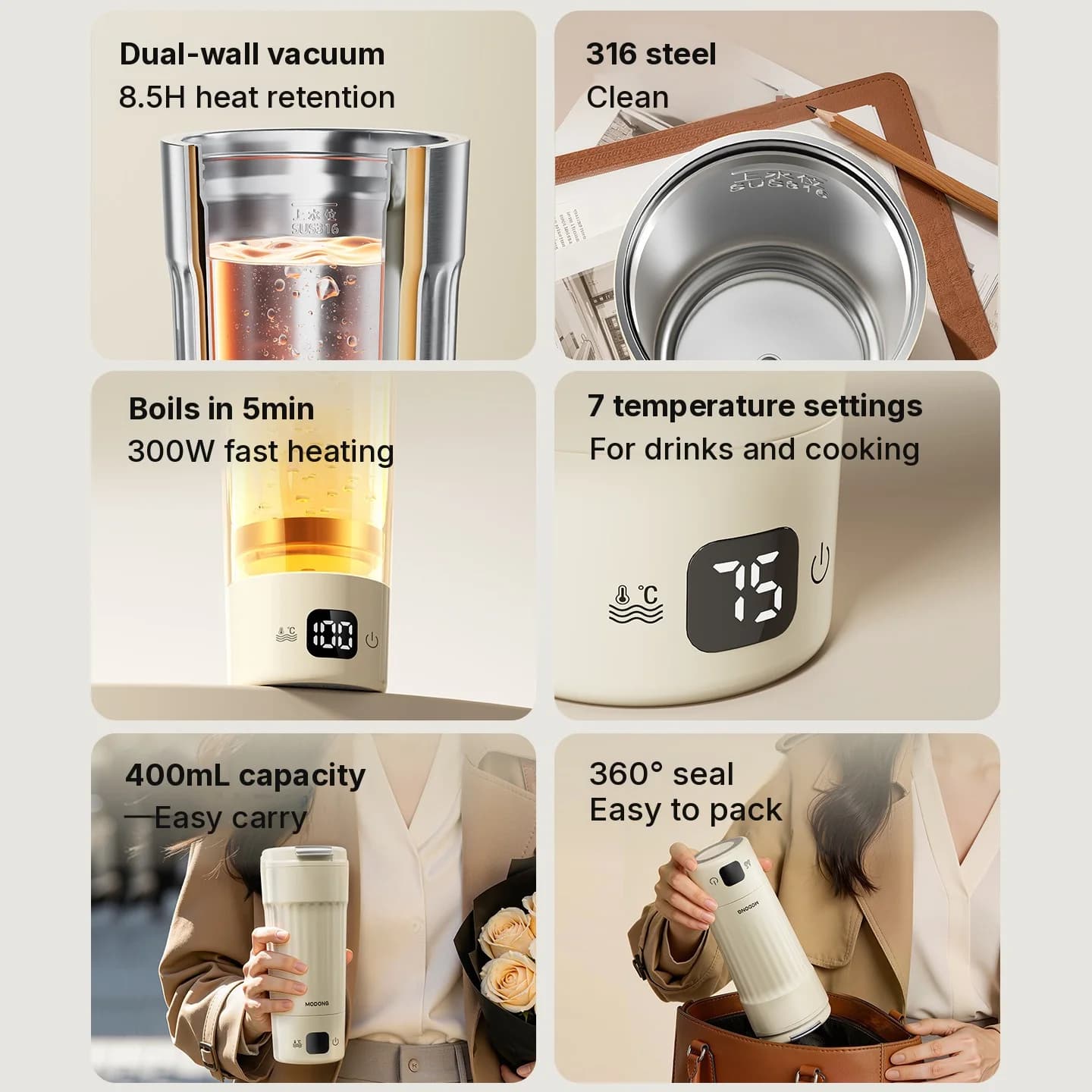Prenosná elektrická ohrievacia šálka, 400 mL, 7 nastavení teploty