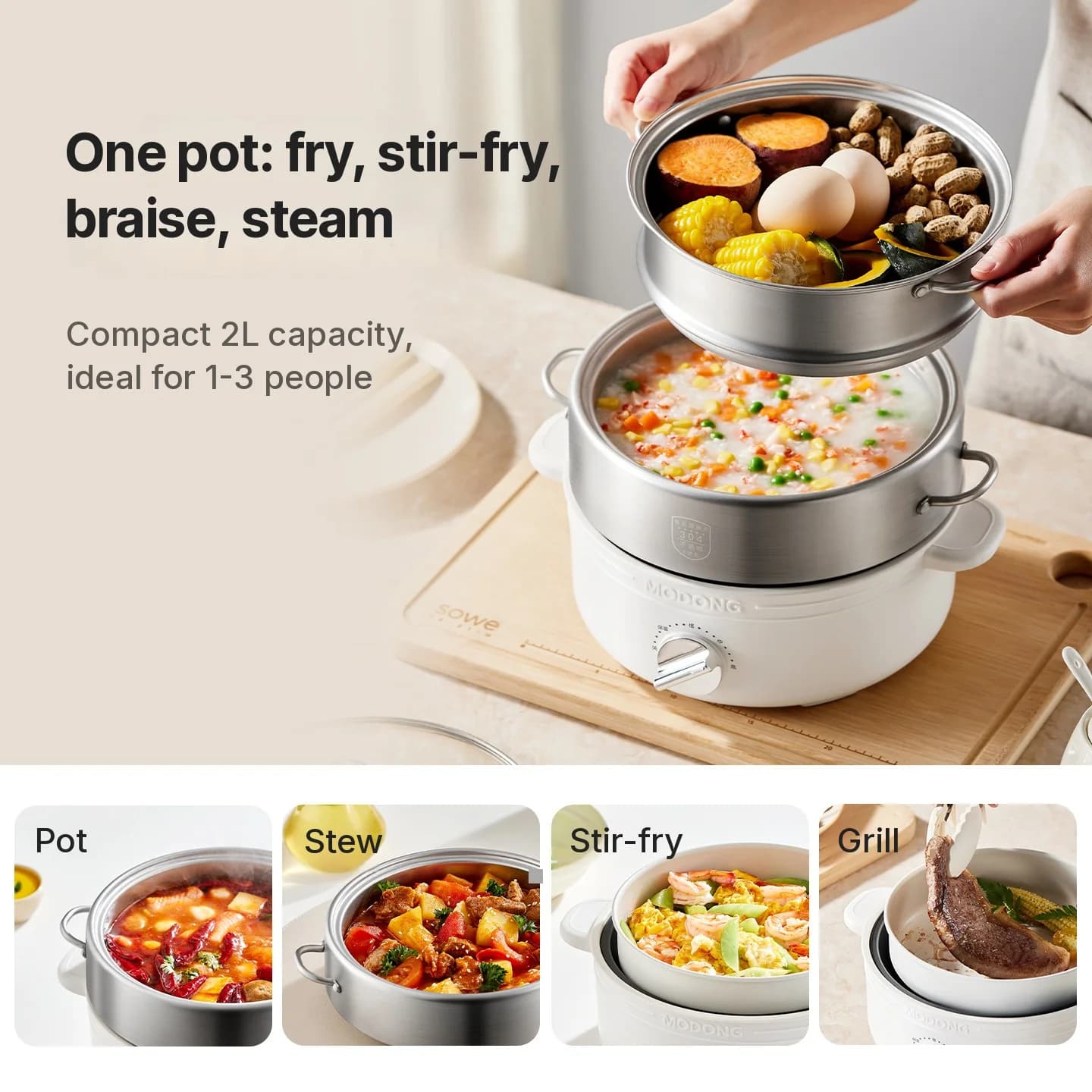 Delený elektrický hot pot z nehrdzavejúcej ocele 2L, 3 stupne ohrevu