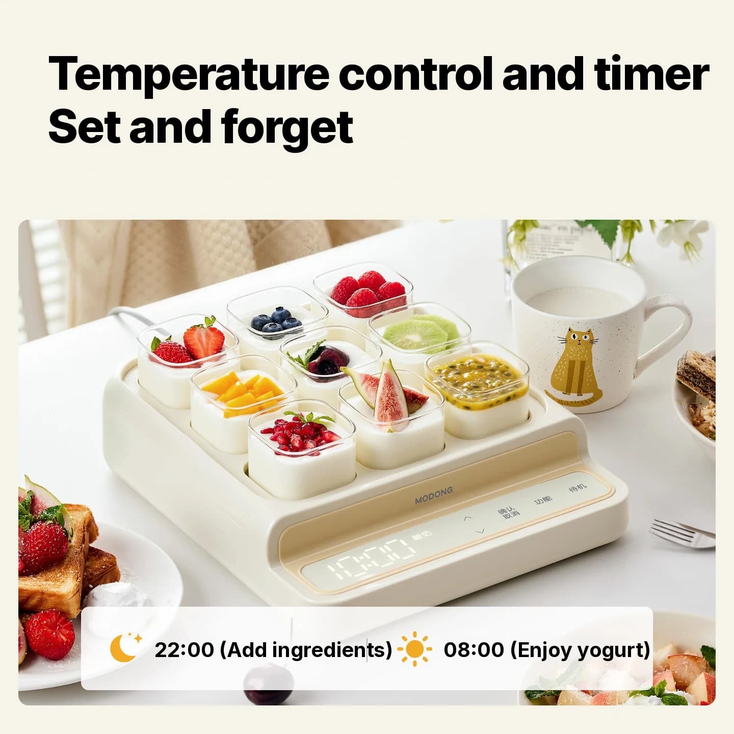 Yogurtovač na 9 pohárov so sklenenou vnútornou nádobou a časovačom