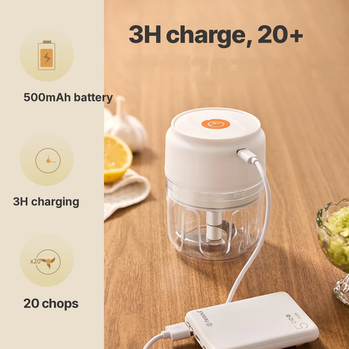 Bezdrôtový elektrický sekáčik na cesnak 250mL 5V 30W plastový