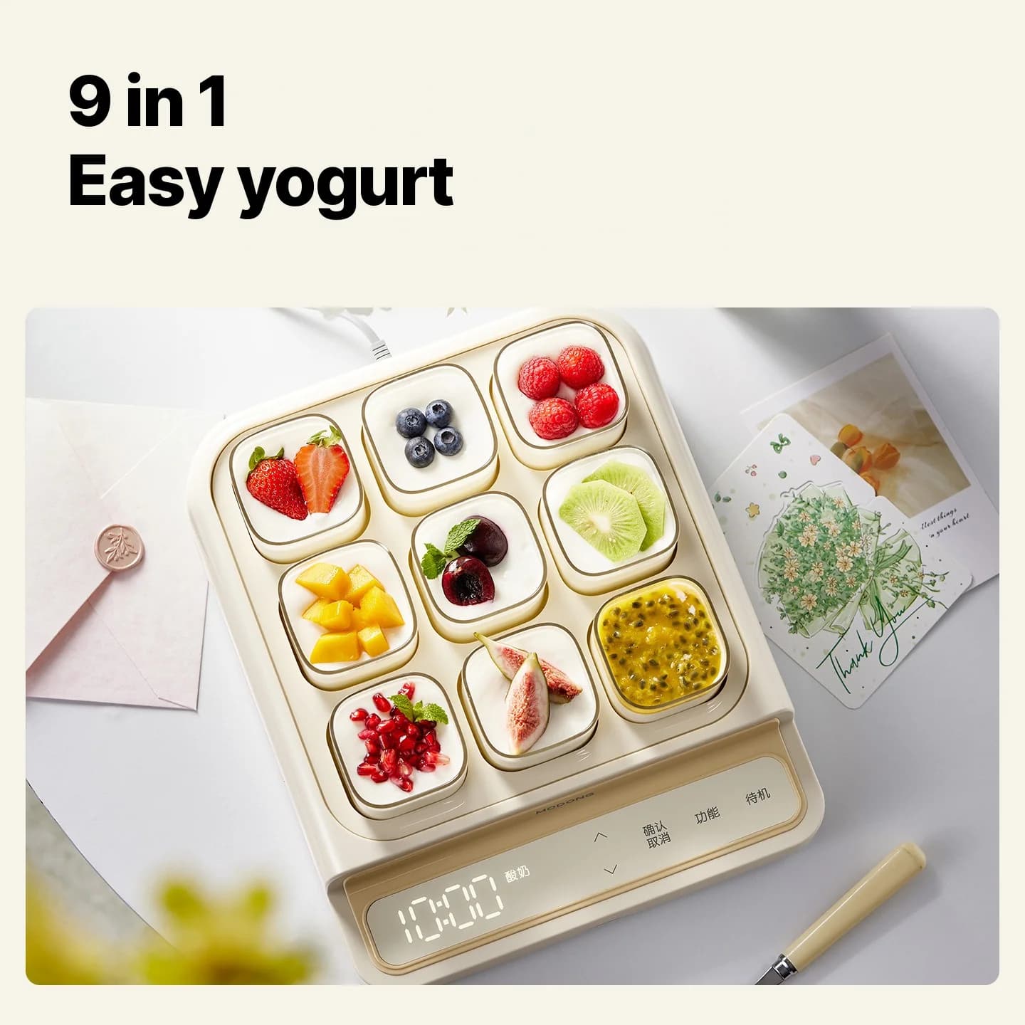 Yogurtovač na 9 pohárov so sklenenou vnútornou nádobou a časovačom